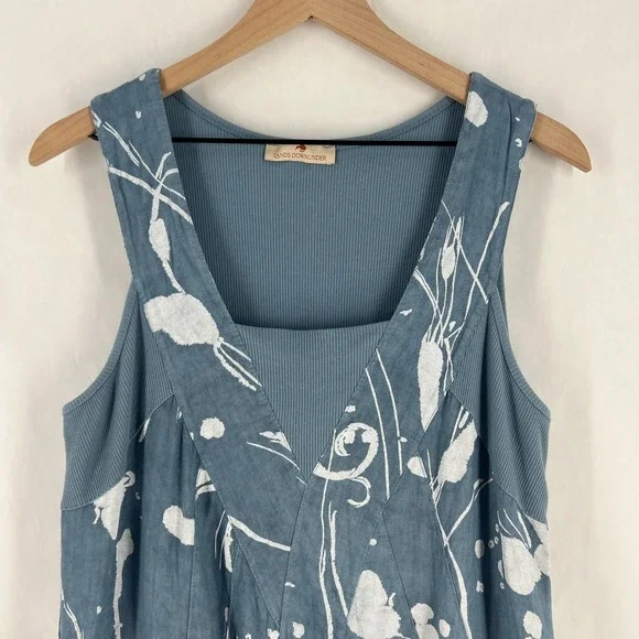 Lands Downunder Linen Dress Womens Large Blue‎ Abstract Knit Ribbed Square Neck - Picture 2 of 16